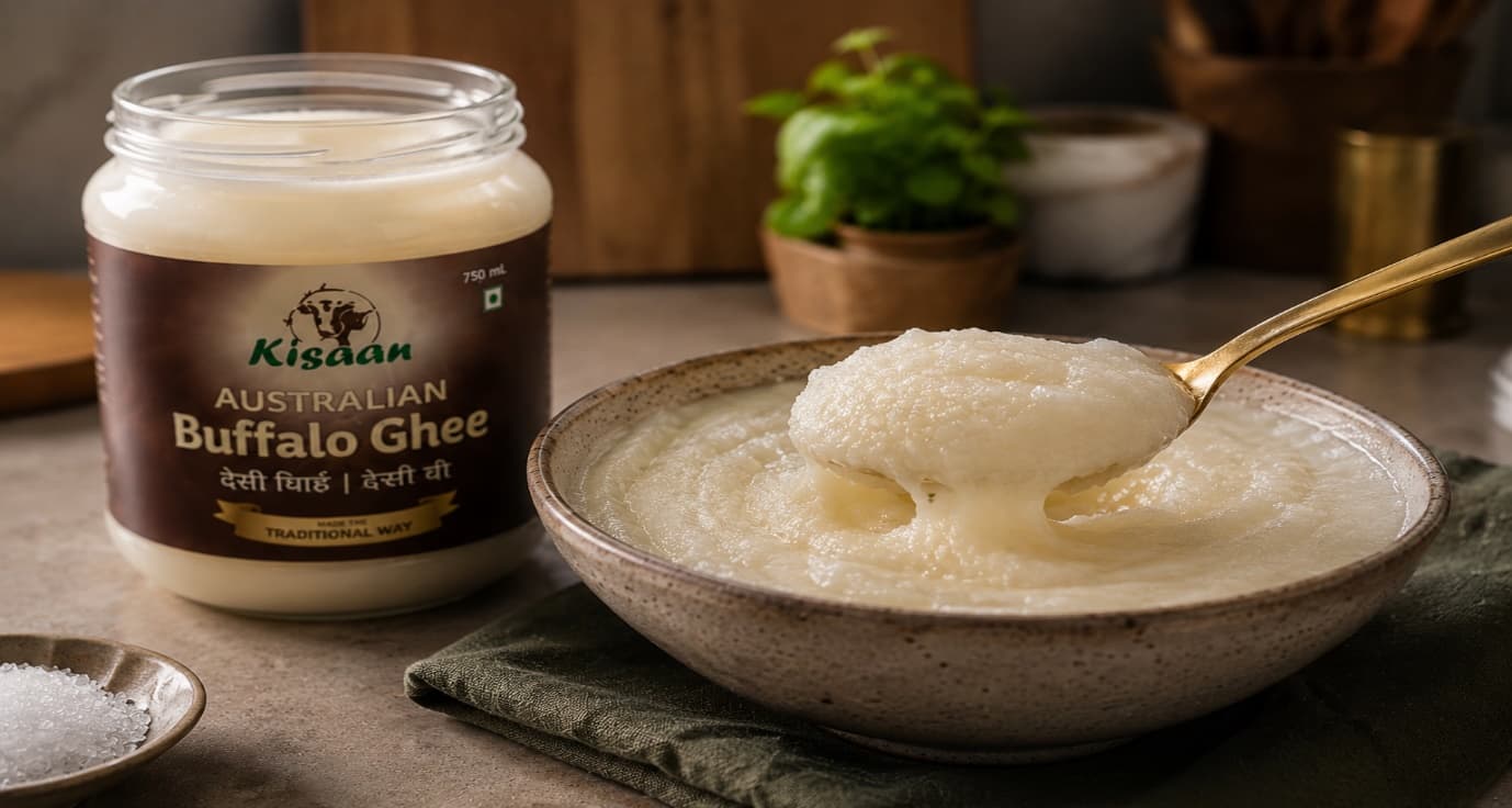Kisaan Australian Buffalo Ghee with thick white ghee in a serving bowl