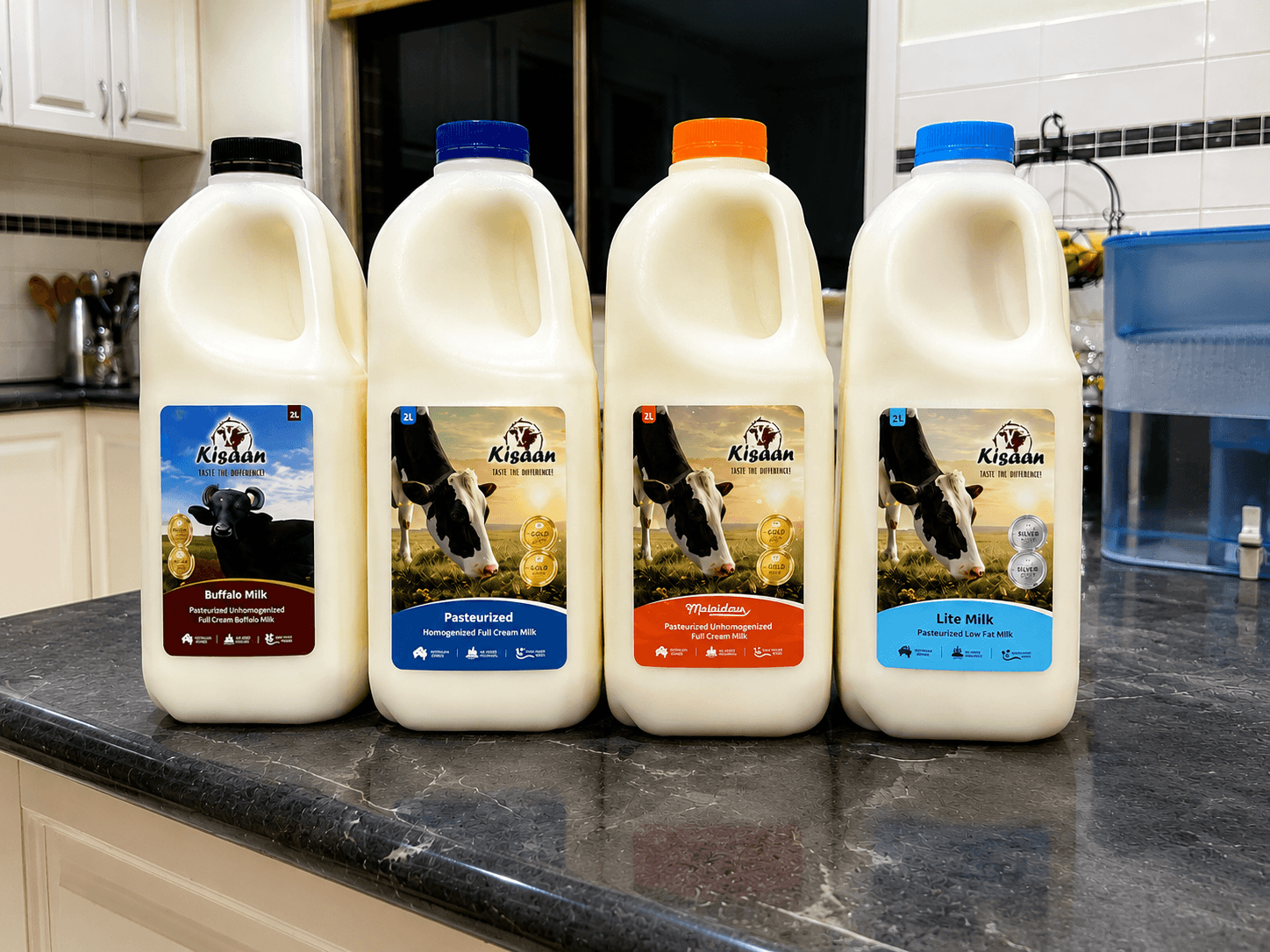 Kisaan buffalo milk beside cow milk bottles on a kitchen bench