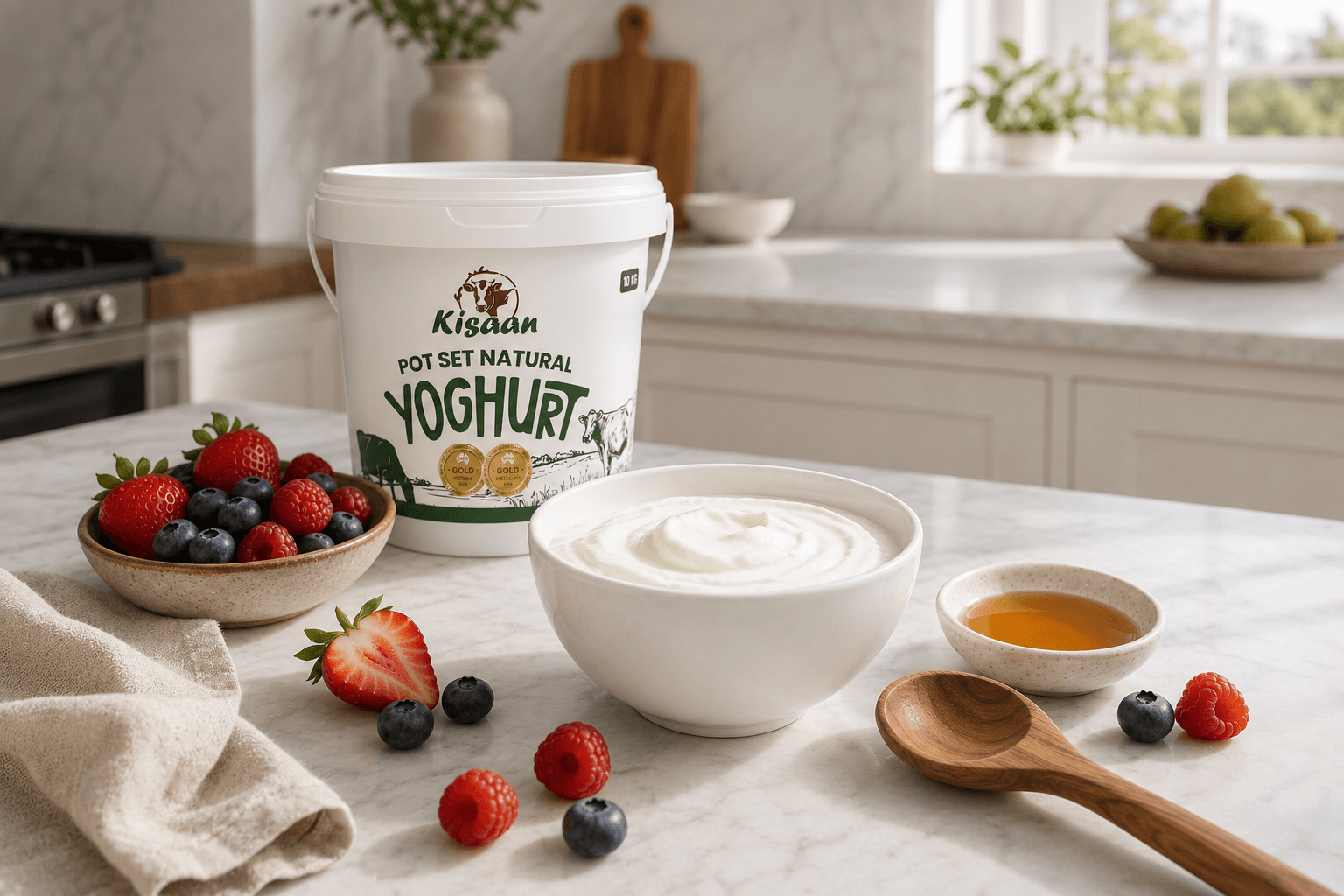 Original Kisaan Natural Pot Set Yoghurt tub displayed on a white marble kitchen countertop beside a bowl of thick creamy yoghurt, fresh strawberries, blueberries and raspberries, a wooden spoon, a small dish of honey, and a beige linen cloth in soft natural morning light.