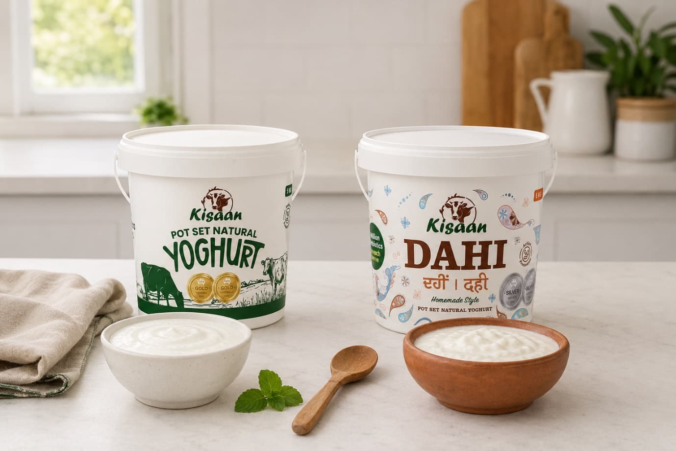 Kisaan Dahi and Kisaan Pot Set Natural Yoghurt in original packaging displayed on a bright modern kitchen countertop with bowls of fresh dahi and yoghurt, wooden spoon, and natural daylight.