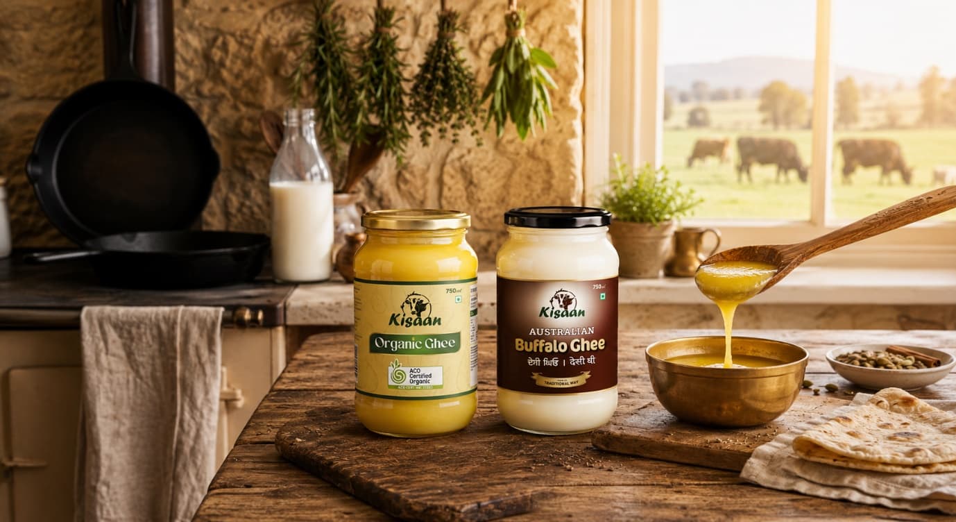 Kisaan Ghee jars with melted ghee, fresh butter and traditional food on a rustic wooden table.