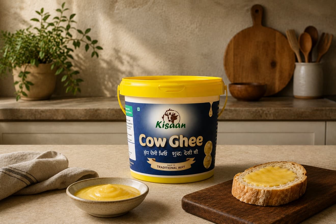 Kisaan Cow Ghee in a traditional Australian kitchen with fresh ghee and buttered bread ready to serve