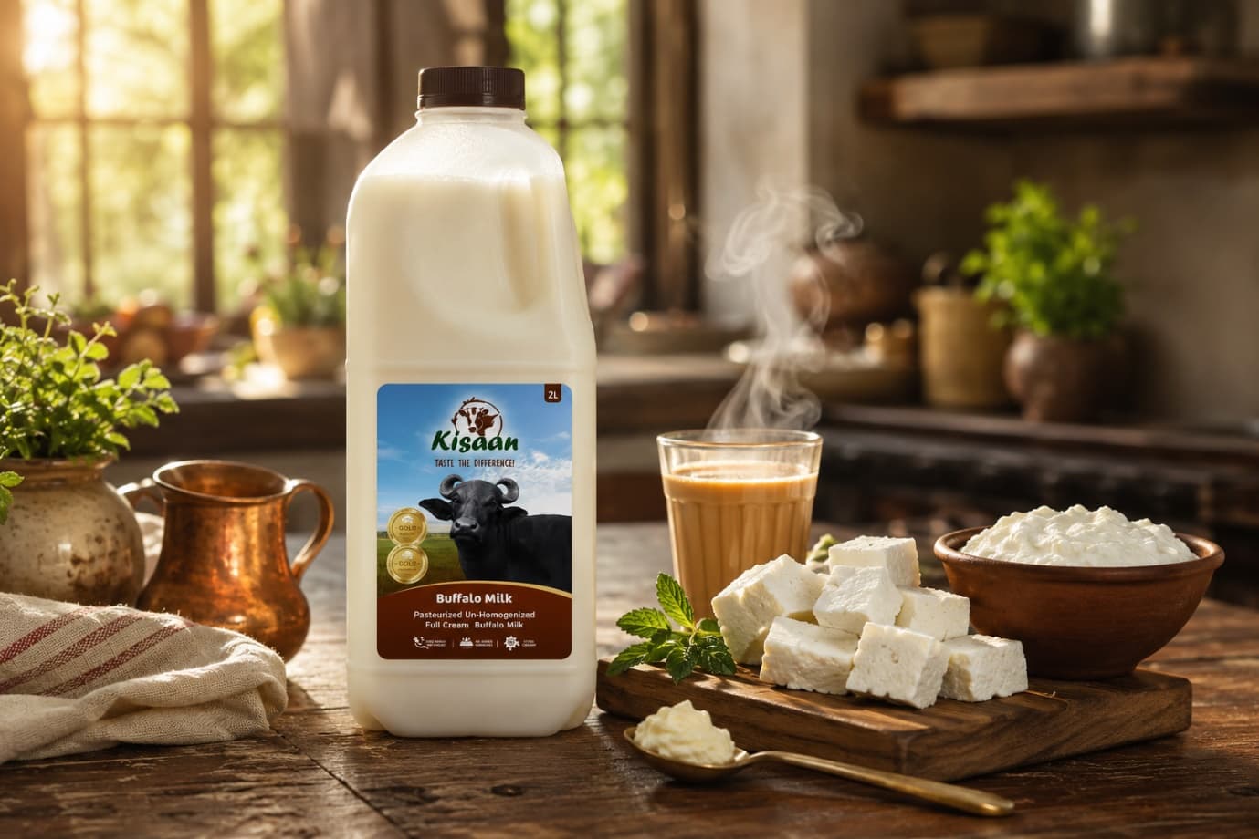 Original Kisaan Buffalo Milk bottle with natural cream on top, served with traditional masala chai, fresh paneer and buffalo dahi in a rustic Australian farmhouse kitchen.