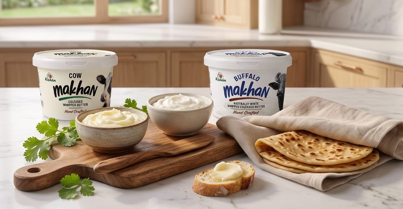 Kisaan Cow Makhan and Buffalo Makhan in a Modern Australian Kitchen Kisaan Cow Makhan and Buffalo Makhan served in ceramic bowls with warm parathas and artisan bread in a modern Australian kitchen
