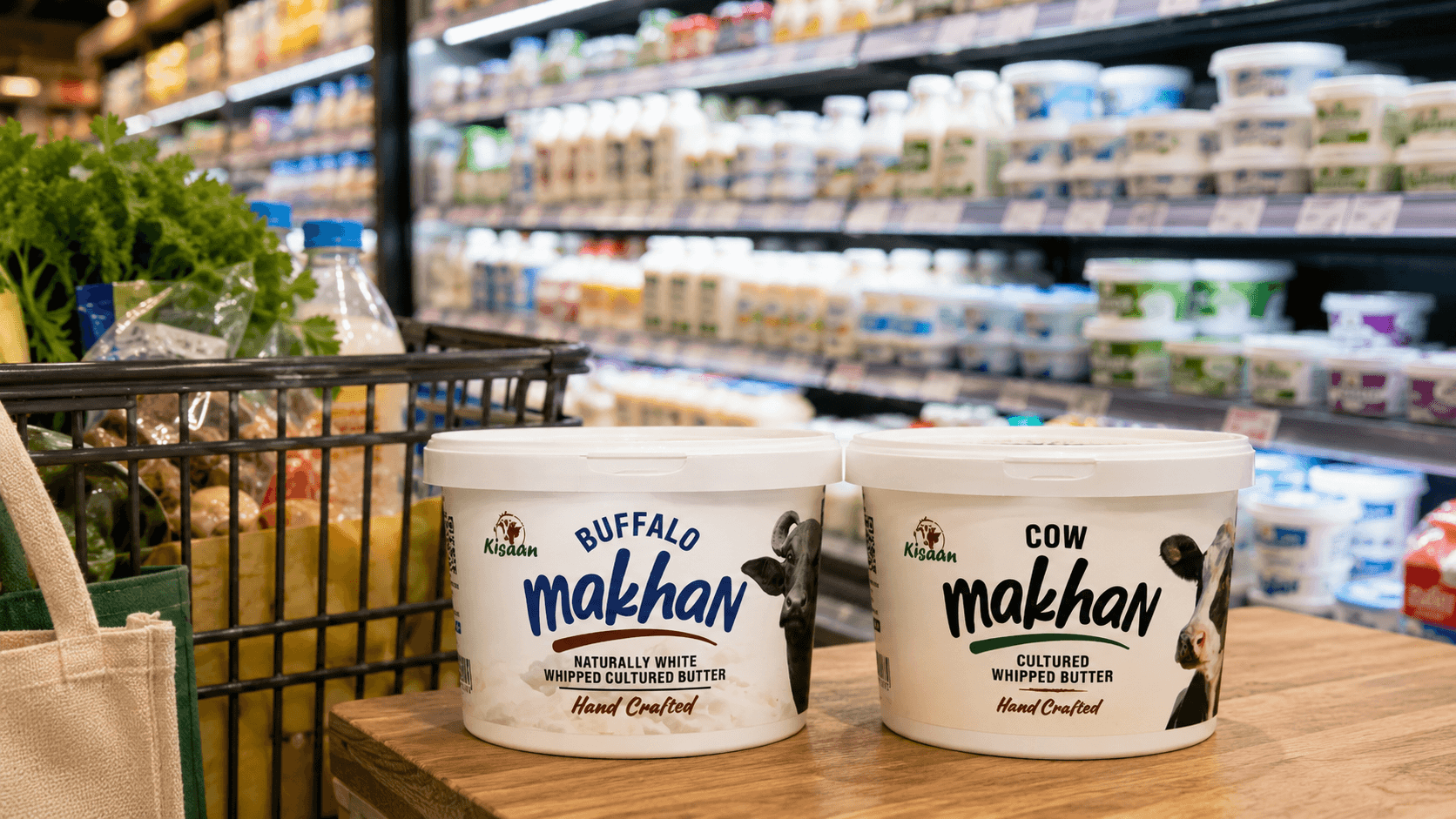 Kisaan Buffalo Makhan and Cow Makhan tubs displayed in an Australian grocery store dairy section.