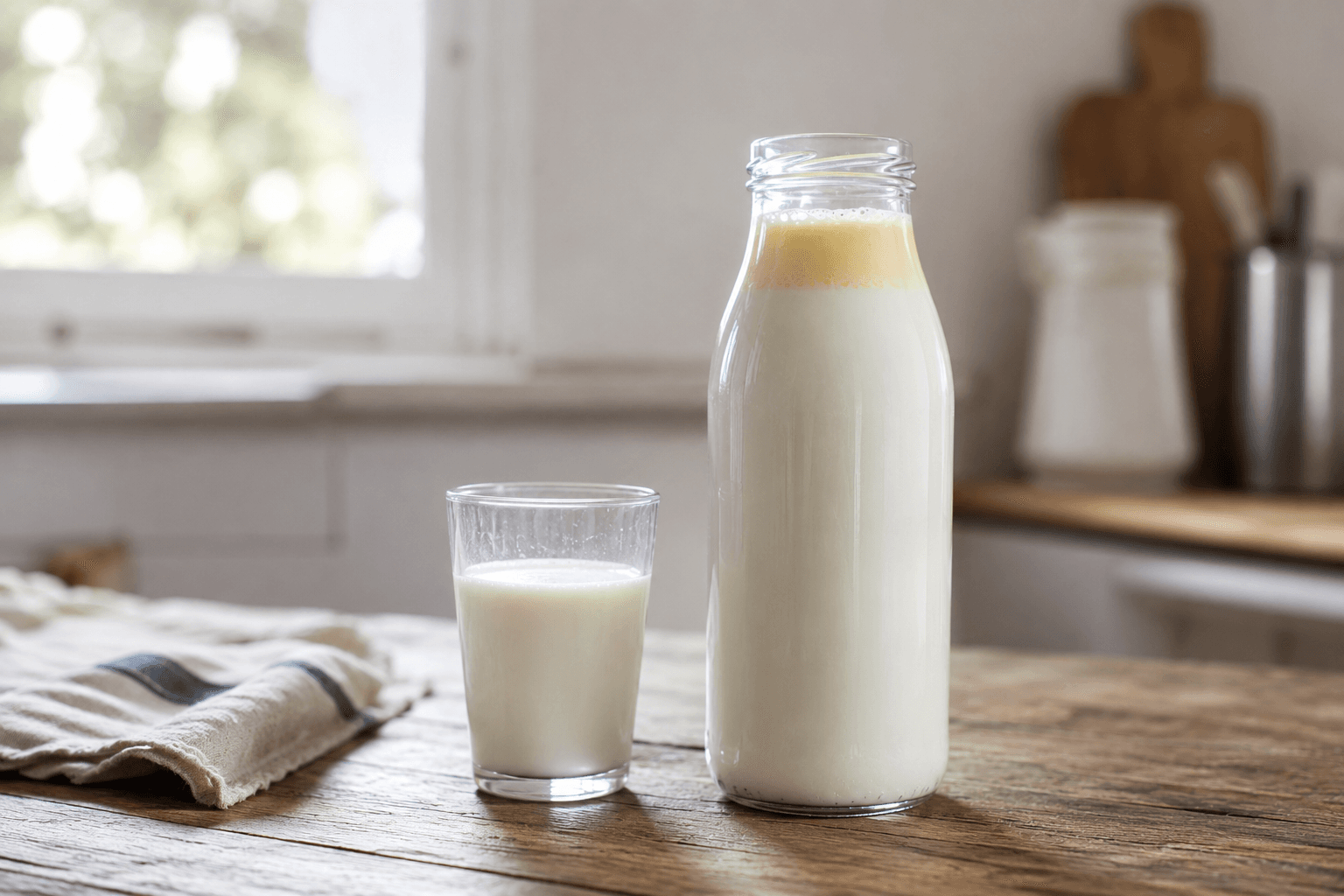 Glass bottle of non-homogenised full-cream milk with a natural cream layer settled on top, beside a glass of fresh milk on a rustic kitchen table.