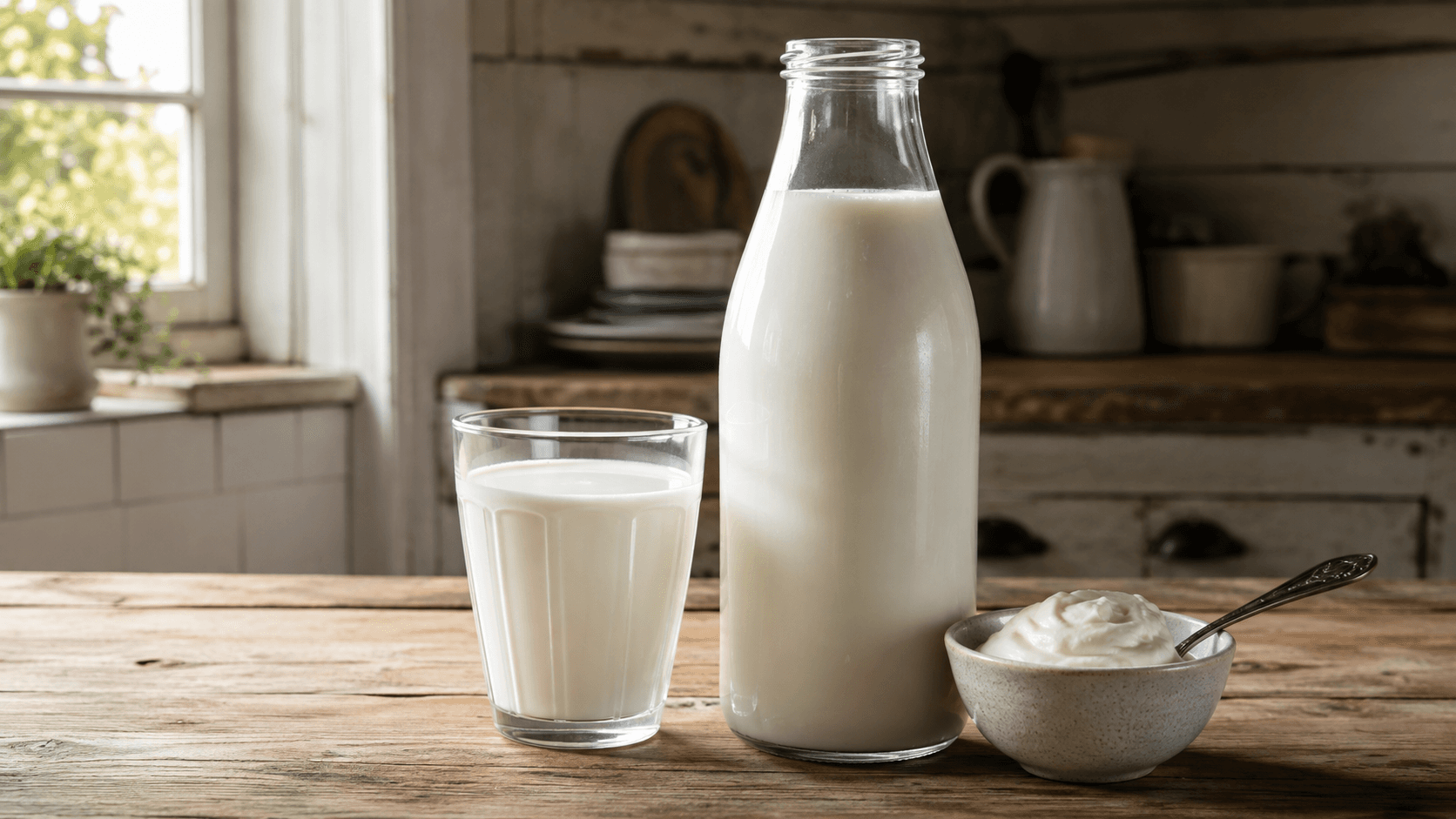 Fresh full cream milk in a glass bottle and drinking glass, styled with natural cream in a rustic kitchen setting.