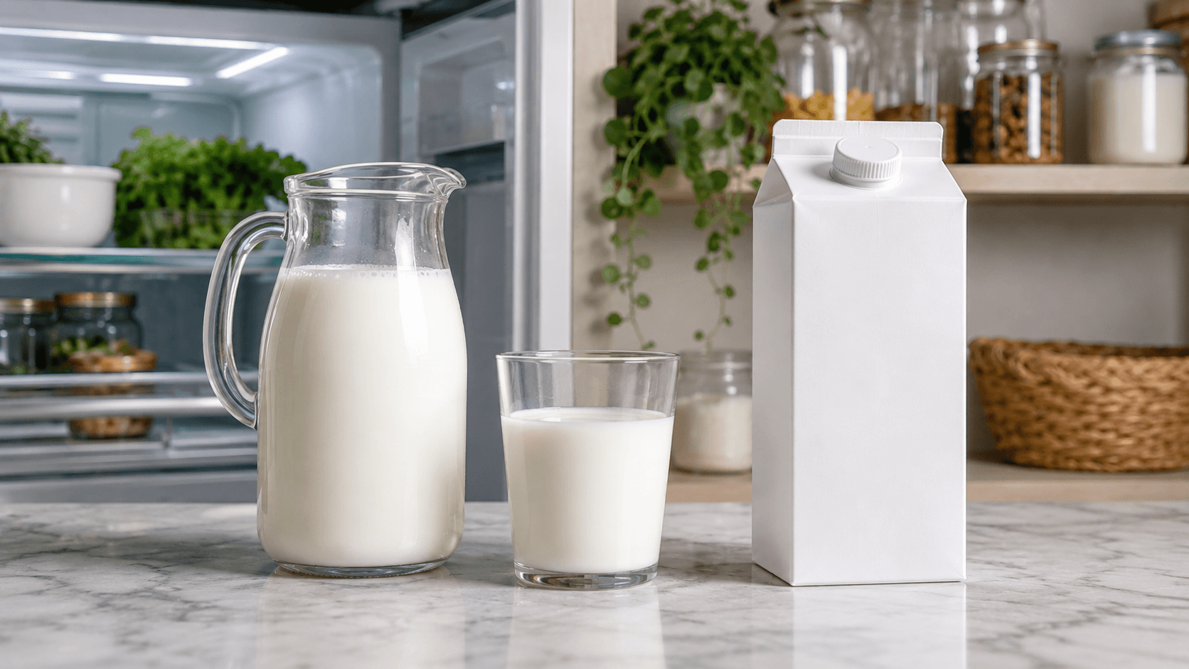 Fresh refrigerated milk and UHT long-life milk shown side by side in an Australian kitchen.