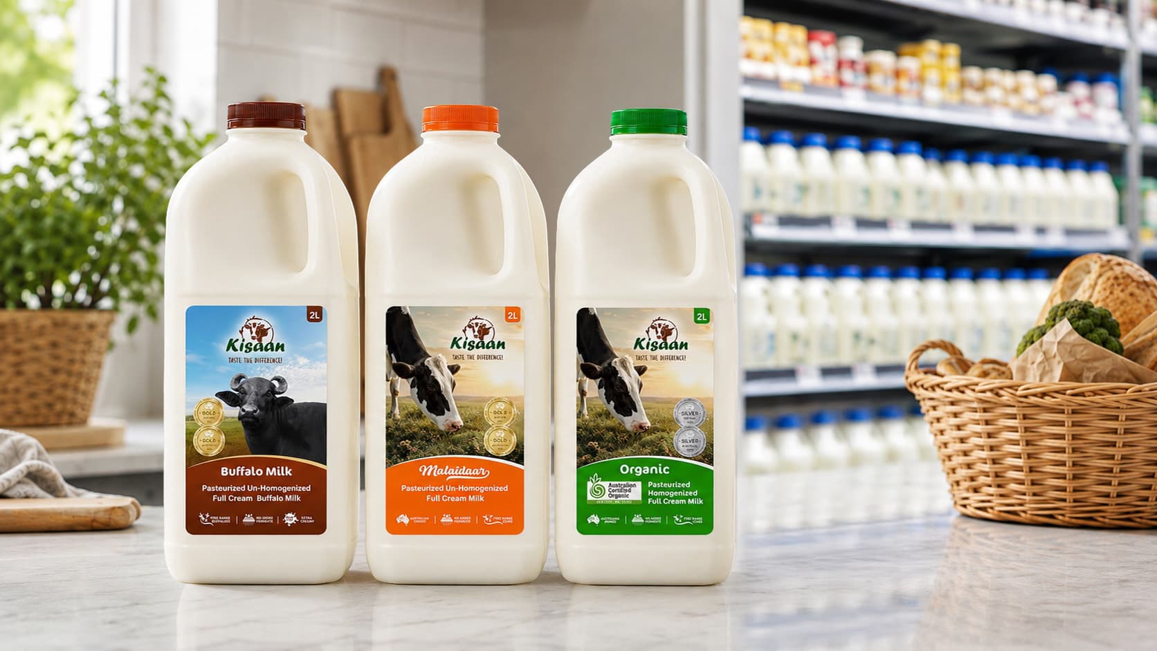 Different fresh milk options including full cream, low-fat and un-homogenised milk arranged for a milk buying guide in Australia.
