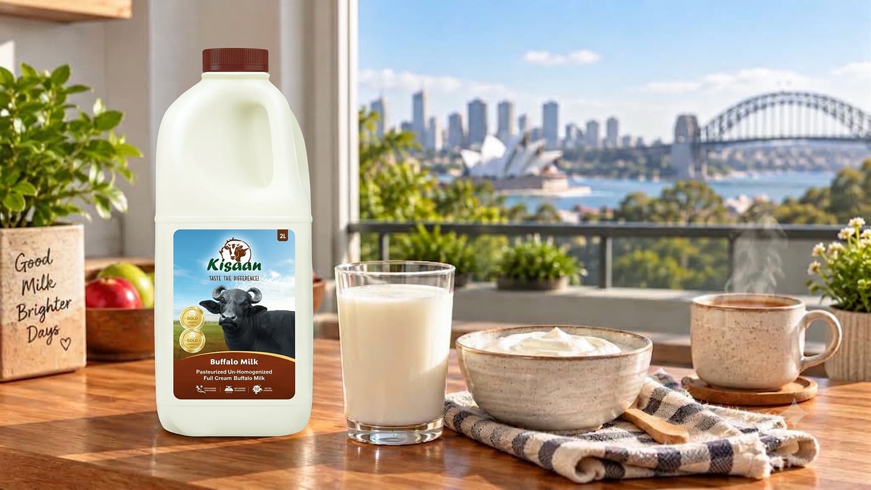 Kisaan Buffalo Milk bottle with a glass of milk, homemade dahi and a cup of chai on a wooden kitchen bench, with soft morning light and a Sydney Harbour view in the background.