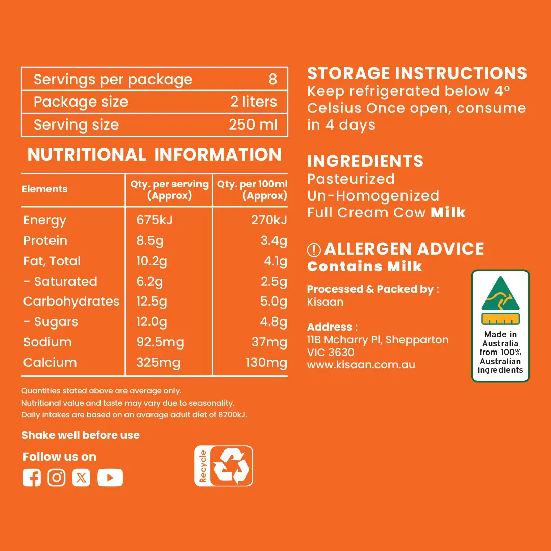 Pasteurized Un-Homogenized Full Cream Milk - 2L Bottle